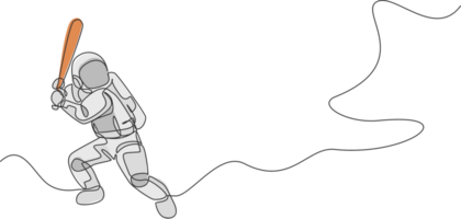 uno continuo linea disegno di astronauta giocando baseball nel in profondità spazio galassia. astronauta salutare fitness sport concetto. dinamico singolo linea disegnare grafico design illustrazione png