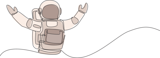 single doorlopend lijn tekening van astronaut Open zijn handen klaar naar knuffel in maan oppervlak. bedrijf kantoor met heelal buitenste ruimte concept. modieus een lijn trek ontwerp grafisch illustratie png