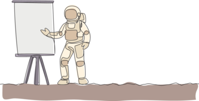 een single lijn tekening kosmonaut geven bedrijf strategie presentatie Bij vergadering grafisch illustratie. astronaut bedrijf kantoor met buitenste ruimte concept. modern doorlopend lijn trek ontwerp png