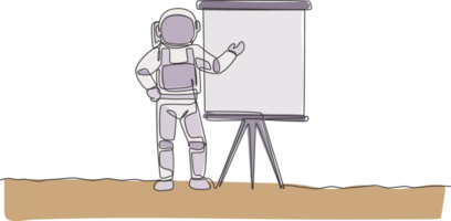 Single continuous line drawing of astronaut giving business presentation in company meeting. Business office with galaxy outer space concept. Trendy one line draw design illustration graphic png