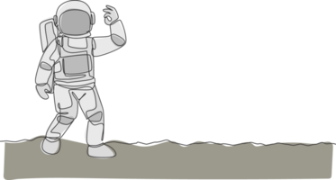 einer Single Linie Zeichnung Kosmonaut machen okay Geste mit seine Finger im Mond Oberfläche Grafik Illustration. Astronaut Geschäft Büro mit äußere Raum Konzept. modern kontinuierlich Linie zeichnen Design png