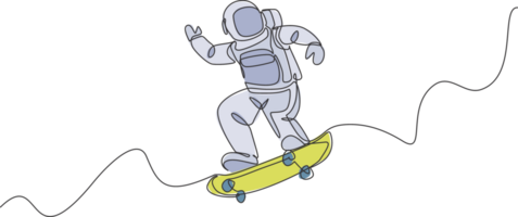 Single continuous line drawing of astronaut riding skateboard on moon surface, outer deep space. Space astronomy galaxy sport concept. Trendy one line draw design illustration graphic png