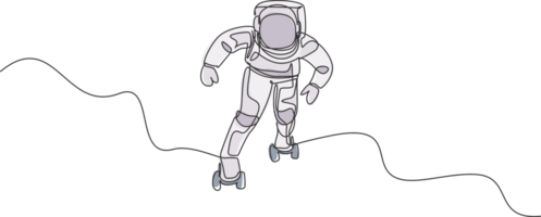 Single continuous line drawing of astronaut exercising on roller skates on moon surface, deep space. Space astronomy galaxy sport concept. Trendy one line draw graphic design illustration png