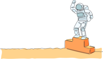 One continuous line drawing of astronaut standing on first place podium in deep space galaxy. Spaceman healthy fitness sport concept. Dynamic single line draw design graphic illustration png