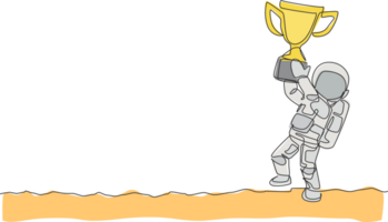 een single lijn tekening van ruimtevaarder astronaut Holding winnend trofee in kosmisch heelal illustratie. gezond buitenste ruimte kosmonaut levensstijl sport concept. modern doorlopend lijn trek ontwerp png