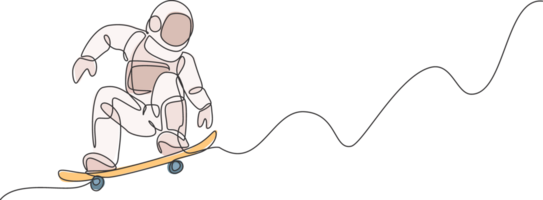 One continuous line drawing of astronaut riding skateboard in deep space galaxy. Spaceman healthy fitness sport concept. Dynamic single line draw graphic design illustration png