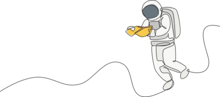 Single continuous line drawing of floating science astronaut in spacewalk reading space map. Fantasy deep space exploration, fiction concept. Trendy one line draw graphic design illustration png