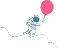 uno soltero línea dibujo de espacio hombre astronauta explorador cósmico galaxia, volador con globo gráfico ilustración. fantasía exterior espacio vida ficción concepto. moderno continuo línea dibujar diseño png