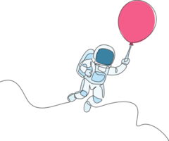 One single line drawing of space man astronaut exploring cosmic galaxy, flying with balloon graphic illustration. Fantasy outer space life fiction concept. Modern continuous line draw design png