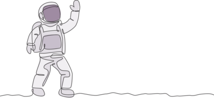 Single continuous line drawing of young cosmonaut scientist discovering spacewalk universe in vintage style. Astronaut cosmic traveler concept. Trendy one line draw graphic design illustration png