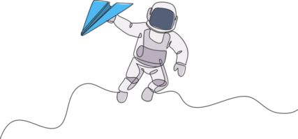 ett kontinuerlig linje teckning av kosmonaut utforska yttre Plats. astronaut innehav papper plan. fantasi kosmisk galax upptäckt begrepp. dynamisk enda linje dra design illustration grafisk png