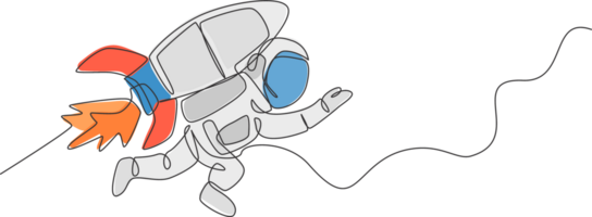 One continuous line drawing spaceman astronaut science discovering cosmos galactic with rocket jetpack. Exploration of outer space concept. Dynamic single line draw design graphic illustration png