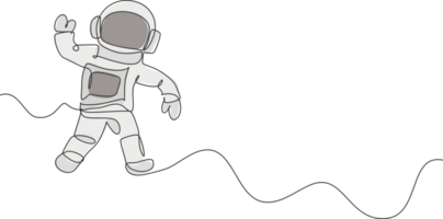 One continuous line drawing of young astronaut scientist exploring outer space in retro style. Spaceman cosmos discovery concept. Dynamic single line draw design graphic illustration png