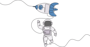 een single lijn tekening van astronaut in ruimtepak golvend hand- en ontdekken diep ruimte met raket ruimteschip illustratie. verkennen buitenste ruimte concept. modern doorlopend lijn trek ontwerp png