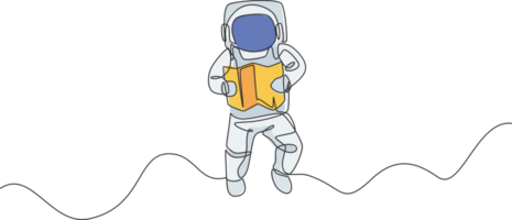 Single continuous line drawing floating science astronaut in spacewalk reading map navigator. Fantasy deep space exploration, fiction concept. Trendy one line draw design graphic illustration png