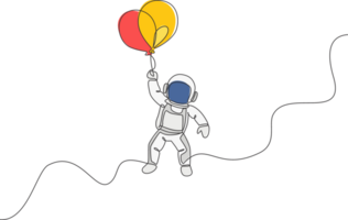 One continuous line drawing of cosmonaut exploring outer space. Astronaut flying with balloons. Fantasy cosmic galaxy discovery concept. Dynamic single line draw graphic design illustration png