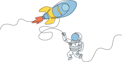 One single line drawing astronaut in spacesuit floating and discovering deep space with rocket spaceship illustration. Exploring outer space concept. Modern continuous line draw graphic design png