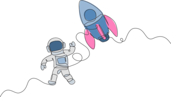 Single continuous line drawing of astronaut in spacesuit flying at outer space with rocket spacecraft. Science milky way astronomy concept. Trendy one line draw graphic design illustration png