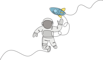 One continuous line drawing of waving hand spaceman astronaut science discovering cosmos galactic with rocket. Cosmonaut in outer space concept. Dynamic single line draw design illustration png