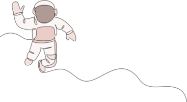 One single line drawing of young astronaut in spacesuit flying at outer space illustration. Spaceman adventure galactic space concept. Modern continuous line draw graphic design png