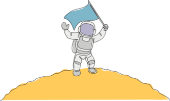 Single continuous line drawing science astronaut in moon surface waving flag to celebrate the landing. Fantasy deep space exploration, fiction concept. One line draw design illustration graphic png