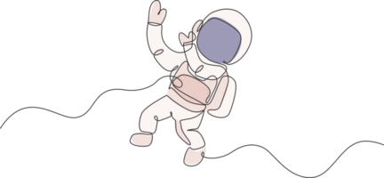 Single continuous line drawing of young cosmonaut scientist discovering spacewalk universe in vintage style. Astronaut cosmic traveler concept. Trendy one line draw graphic design illustration png