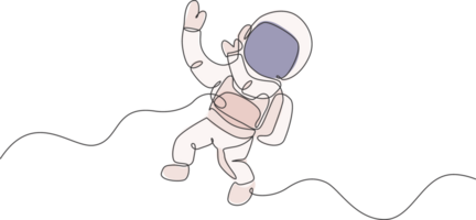 Single continuous line drawing of young cosmonaut scientist discovering spacewalk universe in vintage style. Astronaut cosmic traveler concept. Trendy one line draw graphic design illustration png