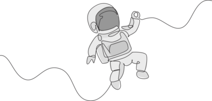 einer Single Linie Zeichnung von jung Astronaut im Raumanzug fliegend beim äußere Raum Illustration Grafik. Raumfahrer Abenteuer galaktisch Raum Konzept. modern kontinuierlich Linie zeichnen Design png