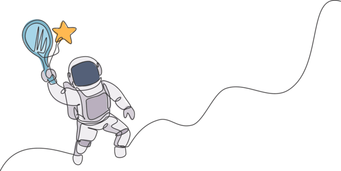 Single continuous line drawing of floating science astronaut in spacewalk hitting star using racket. Fantasy deep space exploration, fiction concept. Trendy one line draw design illustration png