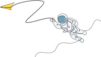 One single line drawing space man astronaut exploring cosmic galaxy, playing with paper plane graphic illustration. Fantasy outer space life fiction concept. Modern continuous line draw design png