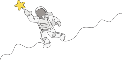 un continu ligne dessin de cosmonaute explorant extérieur espace. astronaute atteindre en volant étoile. fantaisie cosmique galaxie Découverte concept. dynamique Célibataire ligne dessiner graphique conception illustration png