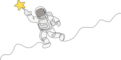 uno continuo linea disegno di cosmonauta esplorando esterno spazio. astronauta raggiungendo volante stella. fantasia cosmico galassia scoperta concetto. dinamico singolo linea disegnare grafico design illustrazione png