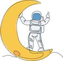 ett kontinuerlig linje teckning kosmonaut utforska yttre Plats. astronaut stående på halvmåne omtvistad. fantasi kosmisk galax upptäckt begrepp. dynamisk enda linje dra design grafisk illustration png