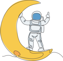 een doorlopend lijn tekening kosmonaut verkennen buitenste ruimte. astronaut staand Aan halve maan hypothetisch. fantasie kosmisch heelal ontdekking concept. dynamisch single lijn trek ontwerp grafisch illustratie png