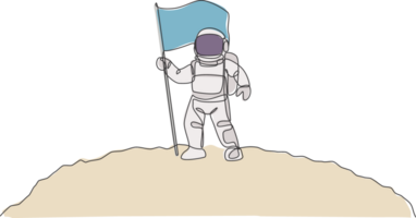 One single line drawing of space man astronaut exploring moon surface and planting the flag to mark it illustration. Fantasy outer space life fiction concept. Modern continuous line draw design png