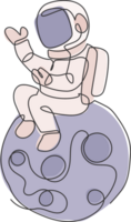 One continuous line drawing of cosmonaut exploring outer space. Astronaut sitting on full moon. Fantasy cosmic galaxy discovery concept. Dynamic single line draw design graphic illustration png