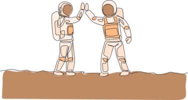 Eine einzige Strichzeichnung von zwei jungen glücklichen Astronauten gab High Five, während sie sich auf der Straße in der Mondoberflächen-Vektorillustration trafen. Kosmonauten Weltraumkonzept. modernes Design mit durchgehender Linienführung png