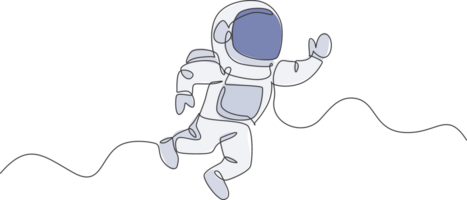 One continuous line drawing of young astronaut scientist exploring outer space in retro style. Spaceman cosmos discovery concept. Dynamic single line draw design graphic illustration png