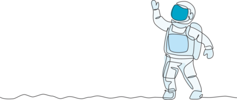 Single continuous line drawing of young cosmonaut scientist discovering spacewalk universe in vintage style. Astronaut cosmic traveler concept. Trendy one line draw graphic design illustration png