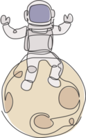 single doorlopend lijn tekening van drijvend wetenschap astronaut in ruimtewandeling en zittend Aan vol maan. fantasie diep ruimte verkenning, fictie concept. modieus een lijn trek ontwerp illustratie png