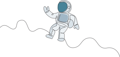 One continuous line drawing of young astronaut scientist exploring outer space in retro style. Spaceman cosmos discovery concept. Dynamic single line draw design graphic illustration png