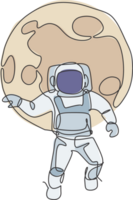 een single lijn tekening van ruimte Mens astronaut verkennen kosmisch heelal, vliegend in voorkant van vol maan illustratie. fantasie buitenste ruimte leven fictie concept. modern doorlopend lijn trek ontwerp png