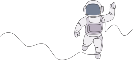 Single continuous line drawing of young cosmonaut scientist discovering spacewalk universe in vintage style. Astronaut cosmic traveler concept. Trendy one line draw graphic design illustration png