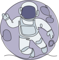 Single continuous line drawing of floating science astronaut in spacewalk flying against full moon. Fantasy deep space exploration, fiction concept. Trendy one line draw design illustration png