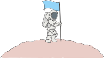 een single lijn tekening van ruimte Mens astronaut verkennen kosmisch heelal, en aanplant vlag Aan maan oppervlakte illustratie. fantasie buitenste ruimte leven fictie concept. doorlopend lijn trek ontwerp png