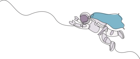 soltero continuo línea dibujo flotante Ciencias astronauta en paseo espacial mosca vistiendo ala traje. fantasía profundo espacio exploración, ficción concepto. de moda uno línea dibujar diseño gráfico ilustración png