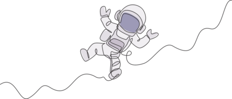 One continuous line drawing of young astronaut scientist exploring outer space in retro style. Spaceman cosmos discovery concept. Dynamic single line draw graphic design illustration png