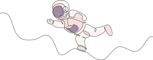 One single line drawing of young astronaut in spacesuit flying at outer space graphic illustration. Spaceman adventure galactic space concept. Modern continuous line draw design png