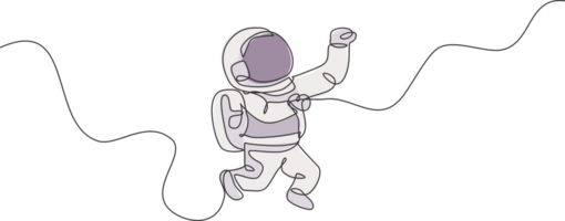 Single continuous line drawing of young cosmonaut scientist discovering spacewalk universe in vintage style. Astronaut cosmic traveler concept. Trendy one line draw design graphic illustration png