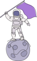 One continuous line drawing of cosmonaut exploring outer space. Astronaut waving flag while standing on full moon. Fantasy cosmic galaxy discovery concept. Single line draw design illustration png